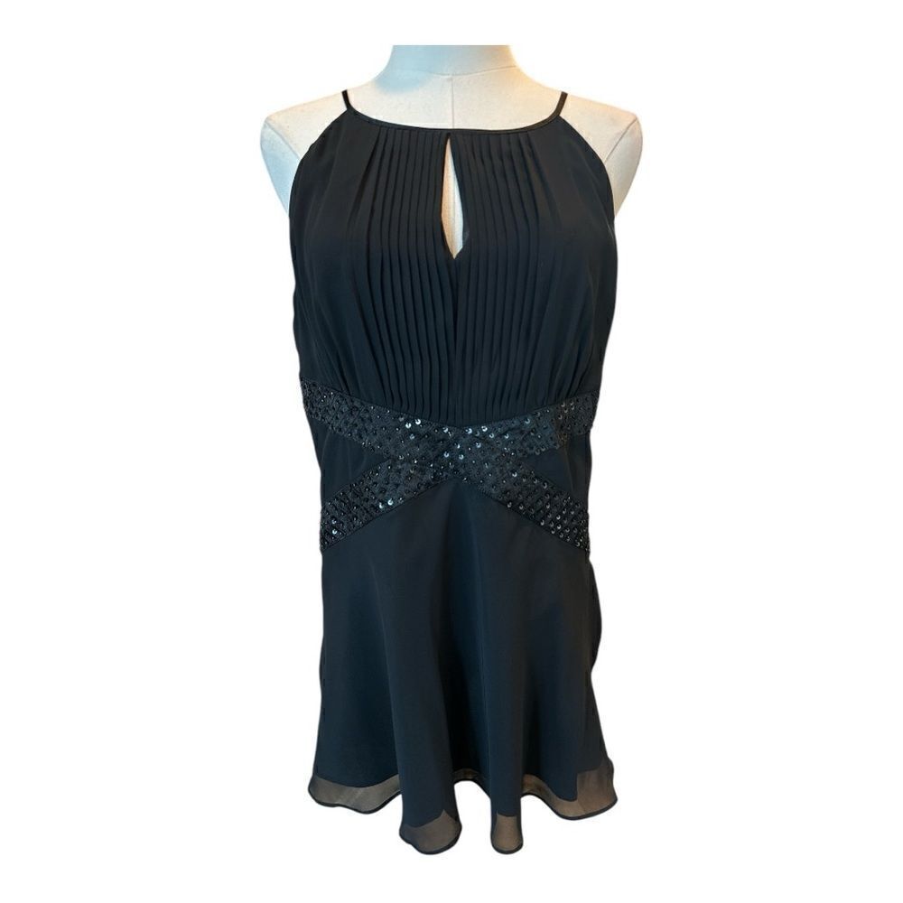 R&M Richards Black Evening Top Size 14 Sequined Sleeveless Chiffon Satin Top